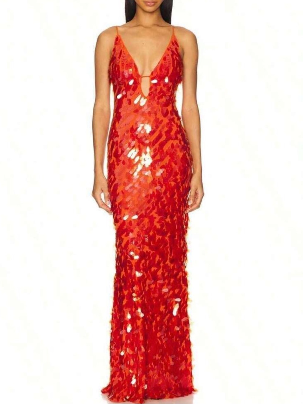 Red Sequin Plunge Maxi Dress